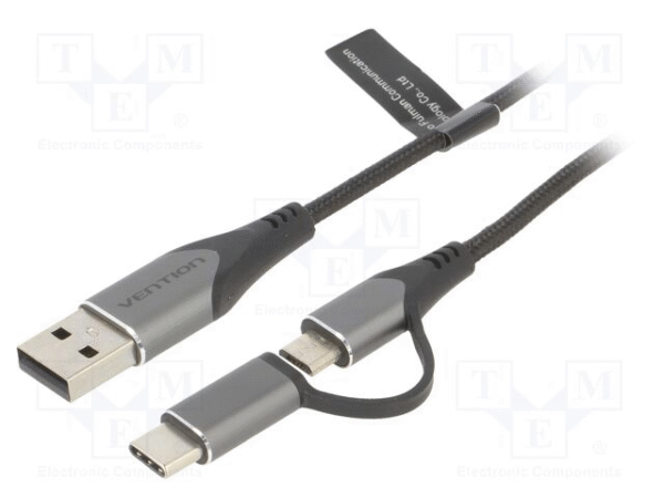 Vention USB 2.0 A Male to 2-in-1 Micro-B&USB-C Male 3A Cable 0.5M Gray Aluminum Alloy Type