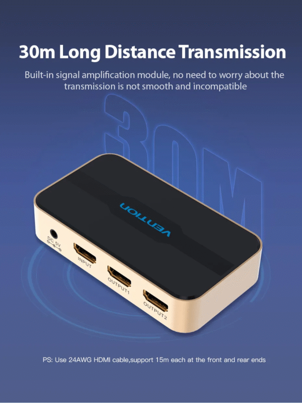 Vention 1 In 2 Out HDMI Splitter 4K@30Hz Gold Aluminum Alloy Type